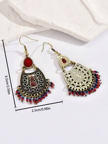 1pair Women's Vintage Gold-Tone Alloy Palace Pattern Hollow Out Inlaid Red Gemstone & Beaded Bohemian Elegant Pendant Earrings