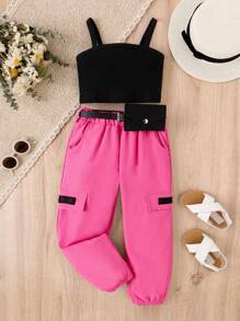 SHEIN 少女款吊帶背心上衣和帶蓋裝飾的褲子和腰包 - 彩色 - 查看 1
