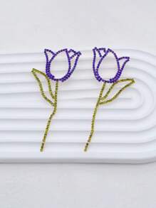 1對簡約設計玻璃人造水晶花朵吊式耳環，女士約會理想禮物 - 寶藍色 - 查看 1