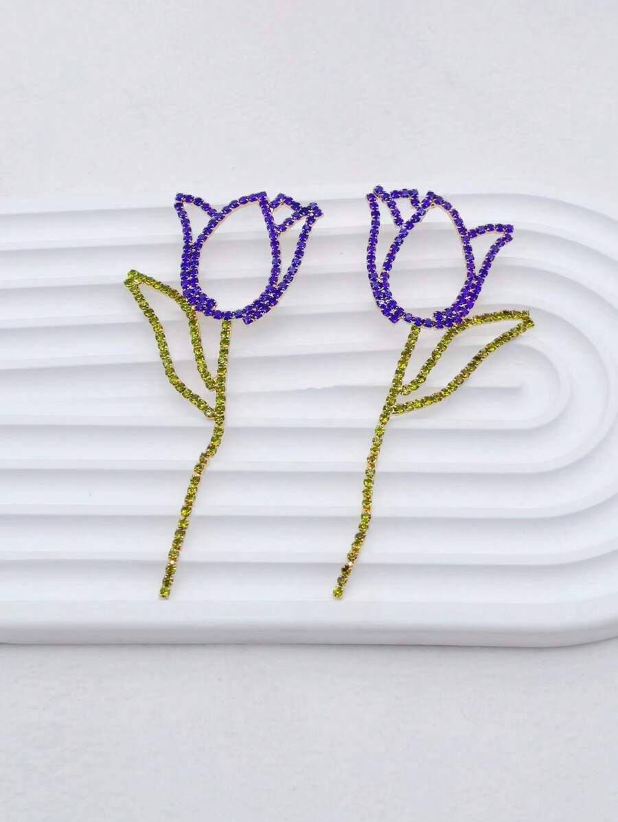 1對簡約設計玻璃人造水晶花朵吊式耳環，女士約會理想禮物 - 寶藍色 - 查看 1