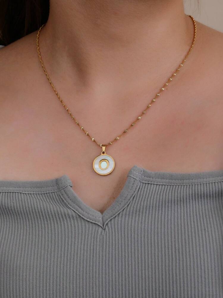 1pc Stainless Steel Alphabet Letter Round White Shell Pendant Necklace