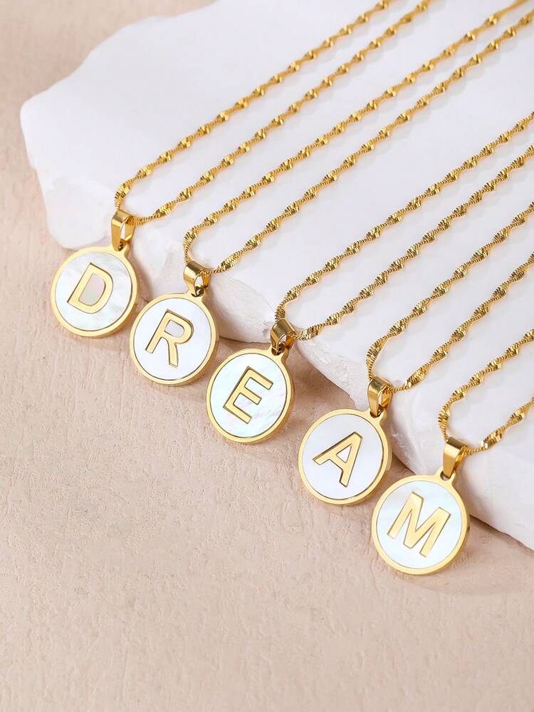 1pc Stainless Steel Alphabet Letter Round White Shell Pendant Necklace