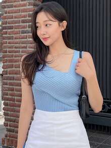 DAZY Asymmetrical Neck Ribbed Knit Top - Baby Blue - View 5