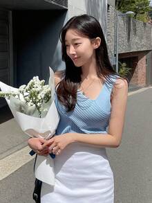 DAZY Asymmetrical Neck Ribbed Knit Top - Baby Blue - View 7