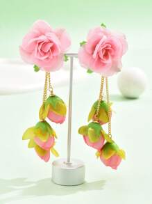 1對波西米亞流蘇長款花耳墜適合女士 - 淺粉色 - 查看 6