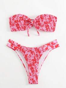 Swim Mod Summer Beach Allover Floral Print Smocked Bandeau Bikini Set
