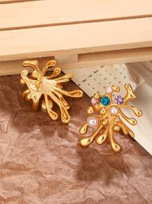 1 对时尚铜仿珍珠装饰耳钉女士日常装饰 - 金黃色 - 查看 2