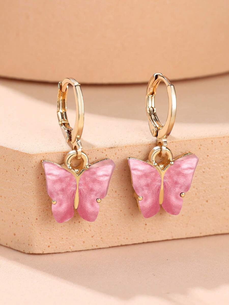 1 Đôi Thời Trang Hợp Kim Kẽm Bông Tai Hình Bướm Cho Nữ Cho Trang Trí Hẹn Hò - Màu Hồng Tươi - Xem 1