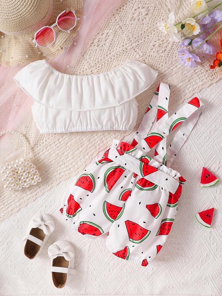 SHEIN Baby Ruffle Trim Top & Watermelon Print Pinafore Shorts - Multicolor - View 2