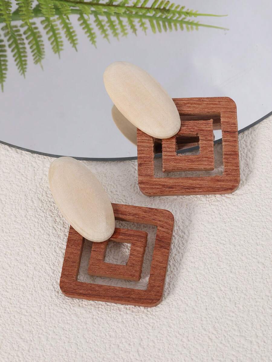1 Đôi Thời Trang Bằng Gỗ Thiết Kế Rỗng Bông Tai Đinh Dành Cho Nữ Trang Trí Hàng Ngày - màu nâu - Xem 1