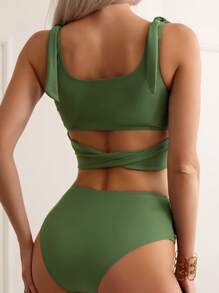 SHEIN Swim Summer Beach Tie Shoulder High Waisted Bikini Set - Army Green - View 2