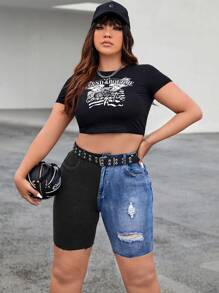 SHEIN EZwear Plus Two Tone Ripped Raw Cut Denim Shorts Without Belt - Multicolor - View 6