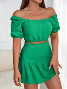 RueChic Off Shoulder Crop Top & Ruffle Hem Skirt - Green - View 5