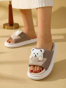 Women Cartoon Bear Decor Home Slippers, Preppy Fabric Novelty Slippers
