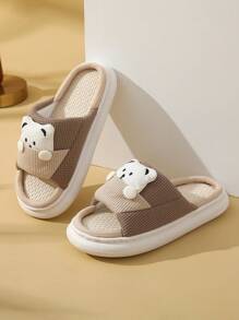 Women Cartoon Bear Decor Home Slippers, Preppy Fabric Novelty Slippers