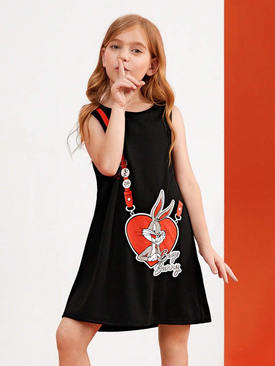 LOONEY TUNES X SHEIN 女孩卡通圖案背心連衣裙 - 黑色 - 查看 1