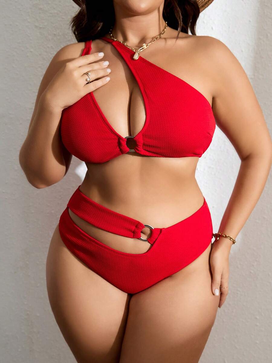 Plus Size Rib Ring Linked One Shoulder Bikini Set Summer Beach - Red - View 1