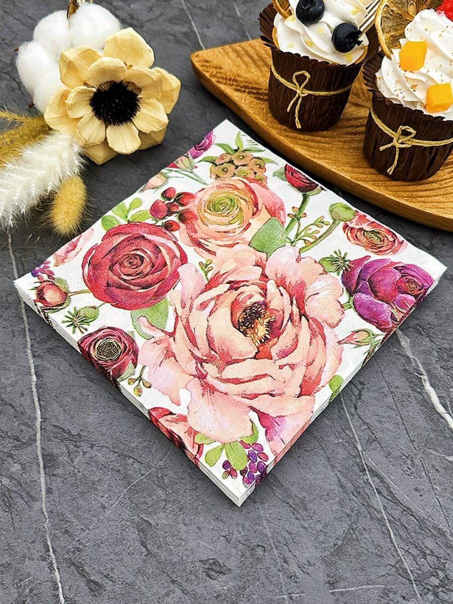20pcs Flower Pattern Disposable Napkin, Modern Rose Print Paper Dinner Napkin For Dinner Table - Multicolor - View 1