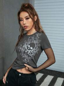 ROMWE Grunge Punk Áo thun nữ Lễ Các Thánh Giải trí - Màu xám đen - Xem 1