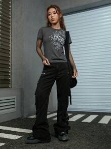 ROMWE Grunge Punk Áo thun nữ Lễ Các Thánh Giải trí - Màu xám đen - Xem 5