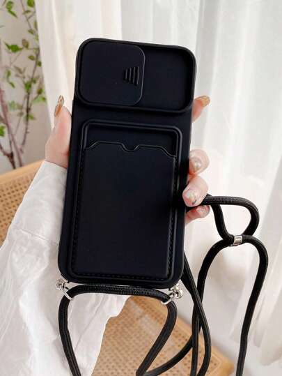 Apple Card Holder For Phone Case Solid Color Card Slot Slide Camera Cover Phone Case With Lanyard
