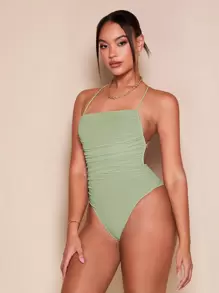 SHEIN BAE Crisscross Backless Ruched Mesh Cami Bodysuit - Mint Green - View 1