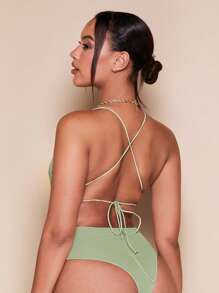 SHEIN BAE Crisscross Backless Ruched Mesh Cami Bodysuit - Mint Green - View 2