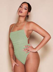 SHEIN BAE Crisscross Backless Ruched Mesh Cami Bodysuit - Mint Green - View 3