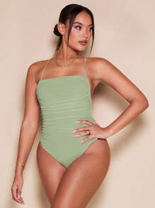 SHEIN BAE Crisscross Backless Ruched Mesh Cami Bodysuit - Mint Green - View 4