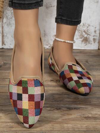 Women's Simple Leisure Countryside Colored Checkered Flat Pointed Toe Spring & Summer Fabric Flat Shoes