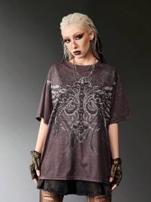 ROMWE Grunge Punk 翅膀印花落肩T恤 - 紫紅色 - 查看 3