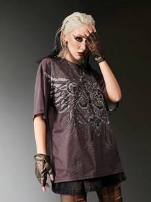 ROMWE Grunge Punk 翅膀印花落肩T恤 - 紫紅色 - 查看 5