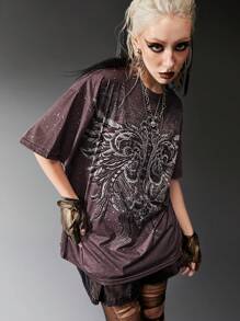 ROMWE Grunge Punk 翅膀印花落肩T恤 - 紫紅色 - 查看 7