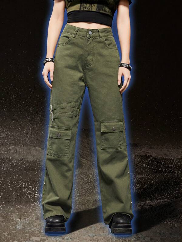 Grunge Punk Solid Flap Pocket Cargo Jeans