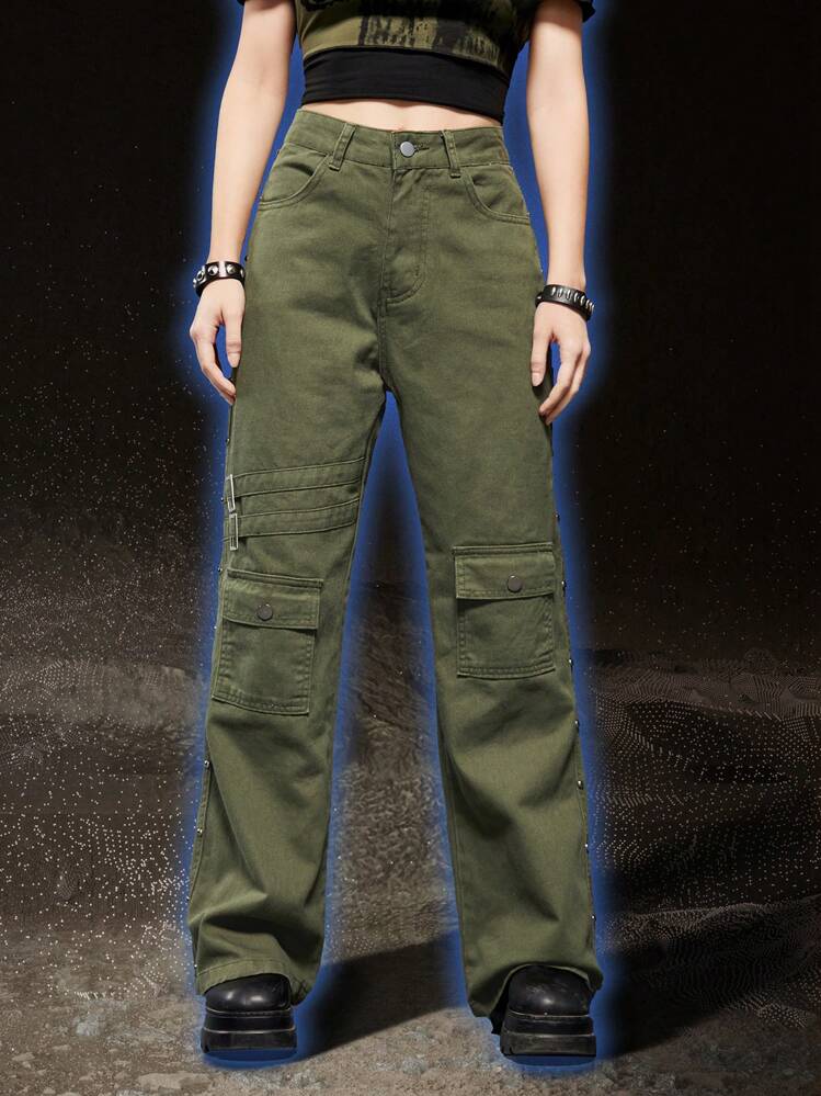 ROMWE Grunge Punk 無地柄 フラップポケット カーゴジーンズ - アーミーグリーン - 見る 1