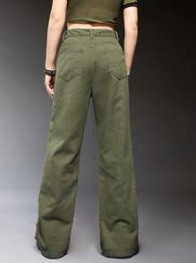 ROMWE Grunge Punk 素色翻蓋口袋工裝牛仔褲 - 軍綠色 - 查看 2