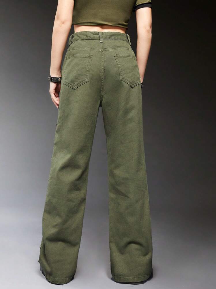 ROMWE Grunge Punk 無地柄 フラップポケット カーゴジーンズ - アーミーグリーン - 見る 2