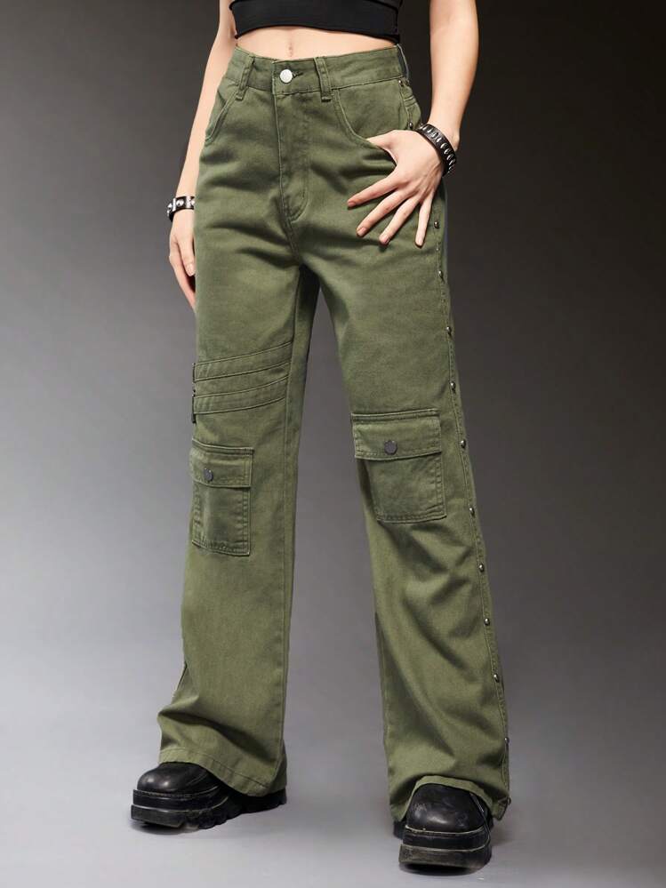 ROMWE Grunge Punk 無地柄 フラップポケット カーゴジーンズ - アーミーグリーン - 見る 4