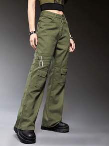 ROMWE Grunge Punk 素色翻蓋口袋工裝牛仔褲 - 軍綠色 - 查看 5