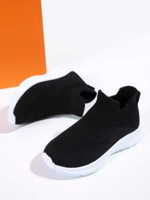 Women Breathable Slip On Sports Shoes, Sporty Black Fabric Running Shoes