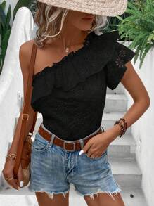 SHEIN VCAY One Shoulder Ruffle Trim Blouse