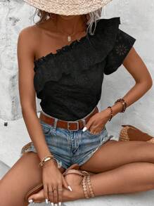 SHEIN VCAY One Shoulder Ruffle Trim Blouse