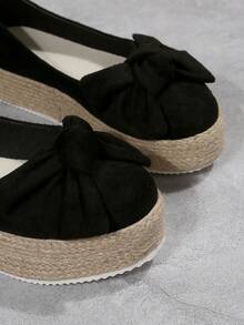 女性蝴蝶結裝飾編織厚底度假仿麂皮淺口坡跟鞋 - 黑色 - 查看 3