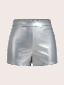 SHEIN ICON Quần short denim nữ Dây kéo màu trơn - Bạc - Xem 1