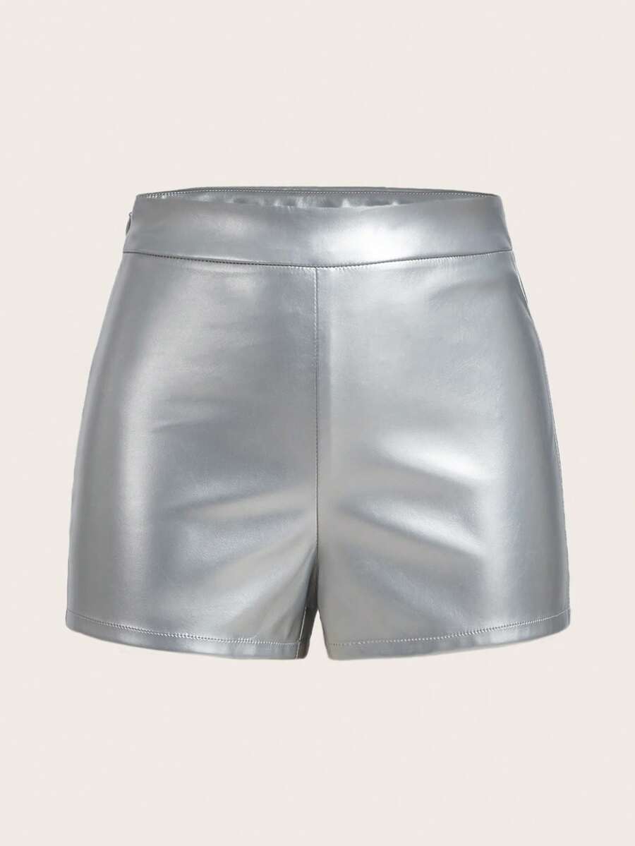 SHEIN ICON Quần short denim nữ Dây kéo màu trơn - Bạc - Xem 1