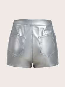 SHEIN ICON Quần short denim nữ Dây kéo màu trơn - Bạc - Xem 2