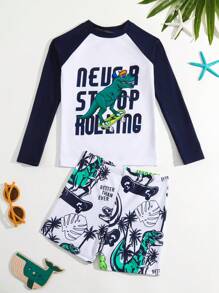 Tween Boy Dinosaur Print Beach Swimsuit - White - View 1