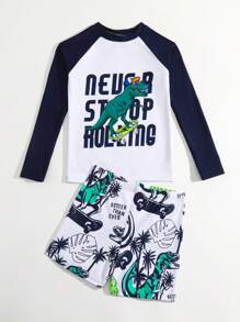 Tween Boy Dinosaur Print Beach Swimsuit - White - View 5