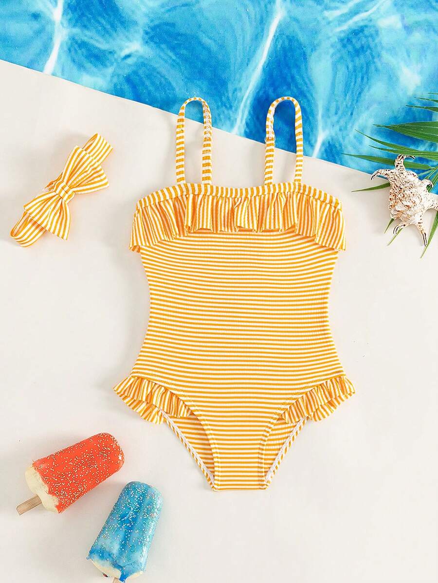Baby Girl Striped Ruffle Trim One Piece Swimsuit With Headband - Yellow - View 1