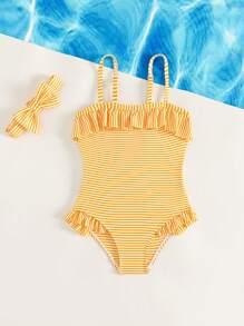 Baby Girl Striped Ruffle Trim One Piece Swimsuit With Headband - Yellow - View 5